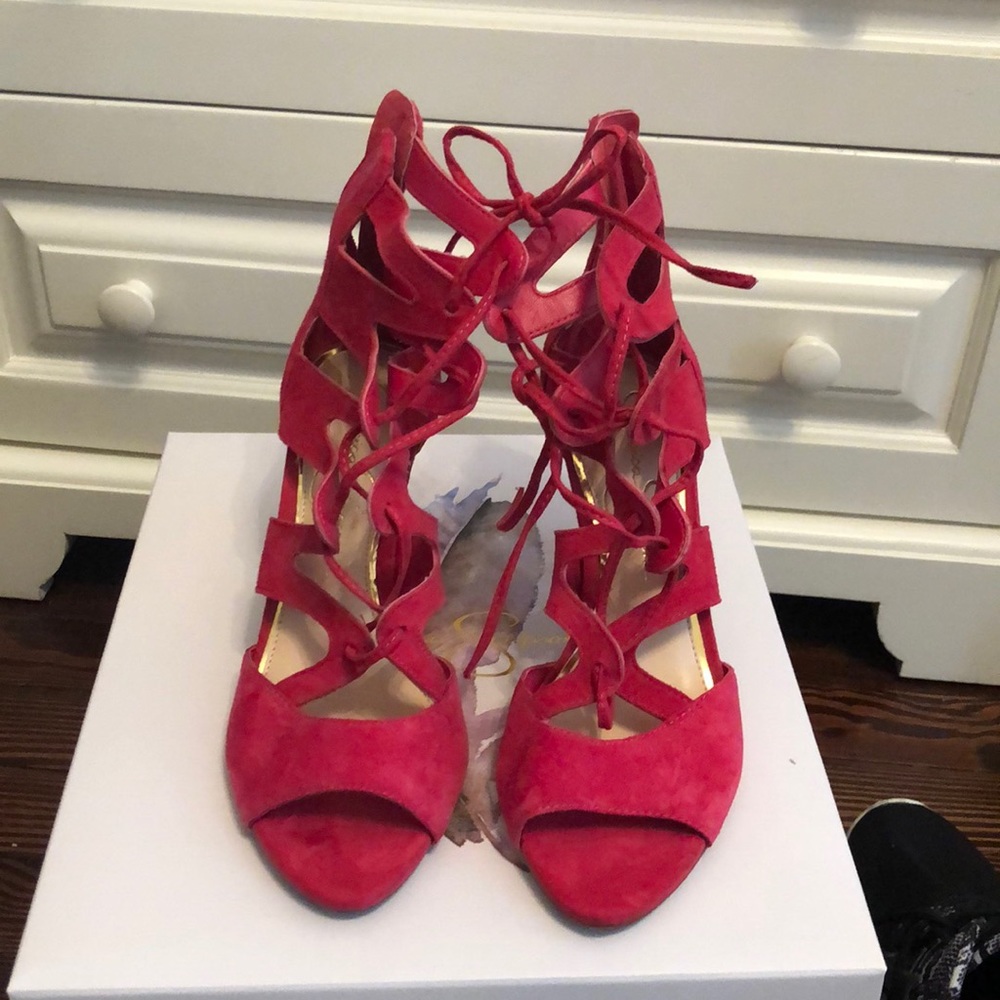 Pink suede heels
